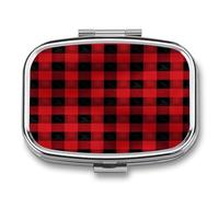 Medicine Pill Organizer Metal Waterproof Red Black Buffalo Check Plaid Printing Vitamin Small Pill Box Portable Travel Pill Case for Travel, Purse, Or Pocket