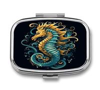 Medicine Pill Organizer Metal Waterproof Seahorse Blue Pattern Printing Vitamin Small Pill Box Portable Travel Pill Case for Travel, Purse, Or Pocket