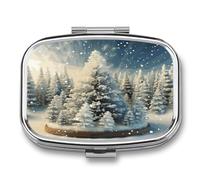 Medicine Pill Organizer Metal Waterproof Snow Wonderland Pine Tree Christmas Printing Vitamin Small Pill Box Portable Travel Pill Case for Travel, Purse, Or Pocket