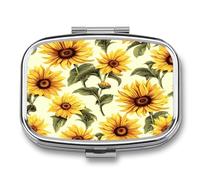 Medicine Pill Organizer Metal Waterproof Summer Sunflower Printing Vitamin Small Pill Box Portable Travel Pill Case for Travel, Purse, Or Pocket