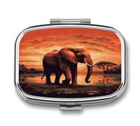Medicine Pill Organizer Metal Waterproof Sunset Elephant Printing Vitamin Small Pill Box Portable Travel Pill Case for Travel, Purse, Or Pocket