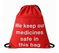 MediCounter Medication Storage Drawstring Bag - “We Keep Our Medicines Safe In This Bag” - Red with Zip Pocket & Info Tag (42x49cm) - Ideal for Home, Hospitals, Travel, Schools, Carers