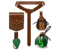 Medieval 5-Piece Waist Bag Set with Magic Potion Bottle, PU Leather Belt and Pouches for Steampunk Cosplay Halloween Prop Freeing Hands(Brown)