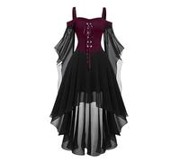Medieval Armour Costume Women Fashion Gothic Style Midi Dress Croset Long Flared Sleeves Irregular Length Short Sleeve Chiffon Dress Party Dress Star Butterfly Cosplay Costume, Wine Red, 3XL