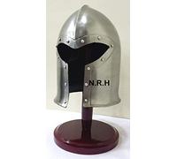 Medieval Barbuta Helmet Knights Silver Crusader Armour Halloween Helmet (Steel) with Wooden Stand