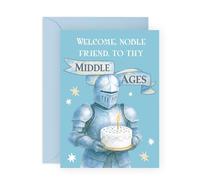 Medieval Birthday Greeting - 'Welcome, Noble Friend, to Thy Middle Ages' - Knight with Cake Design - Humorous Card for Men, Women, Husband, Wife, Friends - Milestone Birthday - Includes Fun Stickers