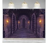 Medieval Castle Dungeon Backdrop Photography Cartoon Palace Corridor Torches Stone Arch Prison Bars Background Decor Banner 210X150cm