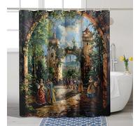 Medieval Castle Shower Curtain, Enchanted Forest Scenic Kingdom Bathroom Decor, Autumn Romantic Artistic Waterproof Fabric Shower Curtain Set with Hooks 72x72 Inch