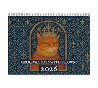 Medieval Cats with Crowns 2026 Wall Calendar - 2026 Cat Lover's Calendar Featuring Regal Feline Art, Gothic-Inspired Illustrations, Spacious Grid Layout (11" x 8.5")