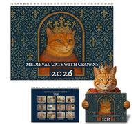 Medieval Cats with Crowns Calendar 2026, A4 Landscape Quirky Weird Art Medieval Crowned Cat Wall Calendar, 12-Month January To December Hanging Renaissance Weird Medieval Cats Planner (1pcs)
