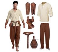 Medieval Clothing Men's Viking Costume Set with Men's Medieval Pirate, Medieval Trousers with Men's Arm Guards/Knight Belt/Retro Pirate Gold Coin Bag/Sword Bag (White Brown, S)