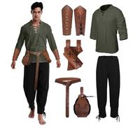 Medieval Clothing Men's Viking Costume Set with Men's Medieval Pirate, Medieval Trousers with Men's Arm Guards/Knight Belt/Retro Pirate Gold Coin Bag/Sword Bag (Green Black, 2XL)