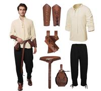 Medieval Clothing Men's Viking Costume Set with Men's Medieval Pirate, Medieval Trousers with Men's Arm Guards/Knight Belt/Retro Pirate Gold Coin Bag/Sword Bag (White Black, 3XL)