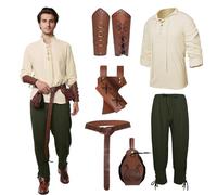Medieval Clothing Men's Viking Costume Set with Men's Medieval Pirate, Medieval Trousers with Men's Arm Guards/Knight Belt/Retro Pirate Gold Coin Bag/Sword Bag (White Green, 2XL)