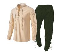 Medieval Clothing Set Men, Medieval Costume Men Renaissance V-Neck Shirts With Classic Trousers Set Scottish Jacobite Ghillie Kilt Pirate Costume Retro Lace Up Long Sleeve Clothes Set For Cosplay