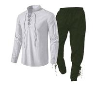 Medieval Clothing Set Men, Medieval Costume Men Renaissance V-Neck Shirts With Classic Trousers Set Scottish Jacobite Ghillie Kilt Pirate Costume Retro Lace Up Long Sleeve Clothes Set For Cosplay