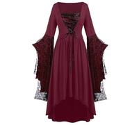 Medieval Clothing Women's Medieval Plus Size A-line Lace Maxi Dresses with Butterfly Sleeves Princess Dress Renaissance Dress Gothic Dress Skirt Women Black Witch Dress, O wine, S