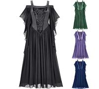 Medieval Costume for Women Renaissance Dress Plus Size Cold Shoulder Butterfly Sleeve Dresses Solid Lace Up Halloween Costume Maxi Dress Victorian Punk Dresses Princess Fancy Dress Up Outfits Purple