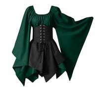 Medieval Costume for Womens Trumpet Sleeve Irish Shirt Dress with Corset Traditional Dress Halloween Women M Cosplay Costumes Gothic Retro Long Sleeve Corset Dress Womens Dresses with Split (AG, S)