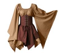 Medieval Costume for Womens Trumpet Sleeve Irish Shirt Dress with Corset Traditional Dress Halloween Women M Cosplay Costumes Gothic Retro Long Sleeve Corset Dress Easter Dresses for (A1-Brown, M)