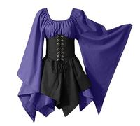 Medieval Costume For Womens Trumpet Sleeve Vintage Gothic Punk Tunic Victorian Irish Shirt Mini Dress Lace Up Corset Renaissance Traditional Dress Halloween Cosplay Costumes Bellatrix Victorian Dress