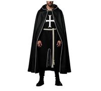 Medieval Costume Men Black Knight Priest Cosplay Costume Set, 3PC Hooded Cloak With Long Robe and Rope Belt, Fancy Dress Outfit for Halloween Themed Role-Play Party