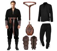 Medieval Costume Men's Complete Set - Renaissance Pirate Viking Outfit, Pirate Costume Men, with Shirt, Trousers, Belt, Wrist Guards & Belt Bag, Accessories for Carnival Cosplay Festivals