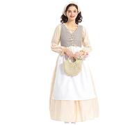 Medieval Costume Women Beige Blouse Brown Checkered Bodice Vintage dress | Rustic Peasant Outfit with Long Sleeves and Apron for Halloween Party Stage Show Cosplay Event Classic Vintage Maid Dress