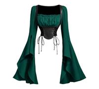 Medieval Costume Women Faux Leather Corset Top Bell Sleeve Blouse