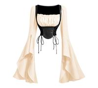 Medieval Costume Women Faux Leather Corset Top Bell Sleeve Blouse