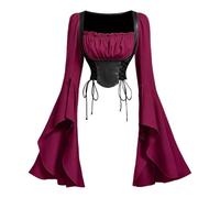 Medieval Costume Women Faux Leather Corset Top Bell Sleeve Blouse