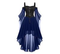 Medieval Costume Women, Halloween Dresses Vintage Lace Renaissance Victorian Dress Cold Shoulder Butterfly Sleeve Retro Steampunk Rockabilly Goth 80s Dress Ladies Dark Blue