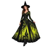 Medieval Costume Women Witch Dress Halloween Lace Vintage Round Neck Long Sleeve Victorian Dresses Scarry Print Floor Length Renaissance Gothic Maxi Dress for Party Events Cosplay
