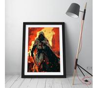 Medieval Crusader knight burning medieval city Stunning Framed Wall Art Print Picture - A4 - Black Frame