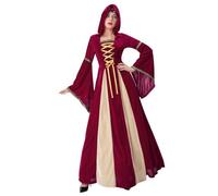 Medieval Dress Costume Women Renaissance Corset Vampire Costumes Vintage Witch Pirate Traditional Halloween Cosplay Ladies Cloak with Oversized Hood Gothic Clothing Gowns, Red, S
