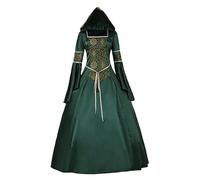 Medieval Dress Costume Women Renaissance Hooded Velvet Queen Halloween Witch Cosplay Party Costumes Ladies Cloak with Oversized Hood Gothic Clothes Oktoberfest Gown, Green, XL