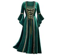Medieval Dress Women UK Clearance,Vintage Renaissance Dress Ladies Adult Medieval Victorian Dress Retro Punk Halloween Costumes Y2K Party Dress Long Sleeve 80s Fancy Goth Velvet Dress Green