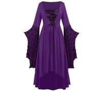 Medieval Dress Women's Vampire Renaissance Dresses Women's Bat Sleeves Irregular Witch Dress with Lacing Sexy Ruffle Mini Dress Halloween Carnival Costume Witch Lace Clothing Pleated Dress