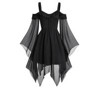 Medieval Dresses Women's Bat Sleeves, Gothic Midi Dress Women's Off-the-Shoulder Mesh Witch Dress with Irregular Hem Vampire Bandage Dress for Cosplay Party Halloween Carnival Costume Party Dress S