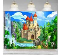 Medieval Fairytale Castle Backdrop Stone Castle Green Hills Mountains Waterfall Background Party Decoration Photographic Banne 300x200cm