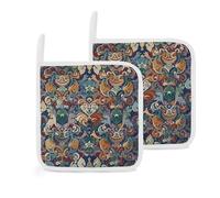 Medieval Flowers Pot Holders Set of 2 Kitchen Heat Resistant Potholder Square Hot Pads with Hanging Loop Home Decor for Cooking Baking BBQ Grilling Microwave Oven