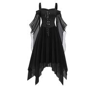 Medieval Gothic Dress For Women Halloween Costume Retro Hooded Long Dress Square Neck Lace Up Corset Outfit Trumpet Sleeve PaIace Style Vampire Witch Cosplay Elegant Fancy Party 2025 (Black, L)
