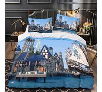 Medieval harbor scene 3D Digital Print Quilt Cover 3-Piece Microfiber Hidden Zipper Teens Pixel coastal village Duvet Cover 2 Pillowcases Machine Washable Home Decor Kids Boys Single（140x200cm）
