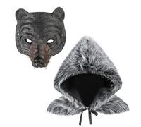 Medieval Hooded Cloak Cape Faux Fur Shoulder Wrap Bear Face Mask Viking Vintage Hooded Short Warrior Cape Animal Half Face Mask Renaissance Werewolf Costume for Halloween