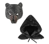 Medieval Hooded Cloak Cape Faux Fur Shoulder Wrap Bear Face Mask Viking Vintage Hooded Short Warrior Cape Animal Half Face Mask Renaissance Werewolf Costume for Halloween