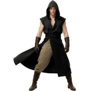 Medieval Hooded Sleeveless Tunic Tabard Renaissance Viking Vest Surcoat Outfit for Halloween LARP Ren Faire Cosplay Costume, Black, XXL