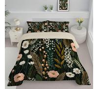 Medieval Illustrations King Duvet, Vintage Wildflowers Reversible Coverless Duvet Comforter Bedding Set Soft Bed Quilt with Down Alternative and Pillowcases for All Seasons, Dark Green, 240x220cm