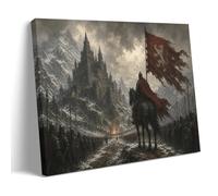 Medieval Knight Army, Gothic Castle And Lion Banner Poster 08x12inch | Mounted warrior, snowbound mountain fortress, crimson accents and stormy skies, dark fantasy for a study