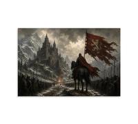 Medieval Knight Army, Gothic Castle And Lion Banner Poster 24x36inch | Mounted warrior, snowbound mountain fortress, crimson accents and stormy skies, dark fantasy for a study
