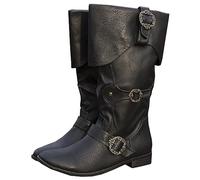 Medieval Knight Boots for Adults Cosplay - Viking Retro Long Shaft Leather Cuffed Shoes - PU Leather Boots Renaissance Plus Size Boot Shoes with Belt Buckle,Black,36